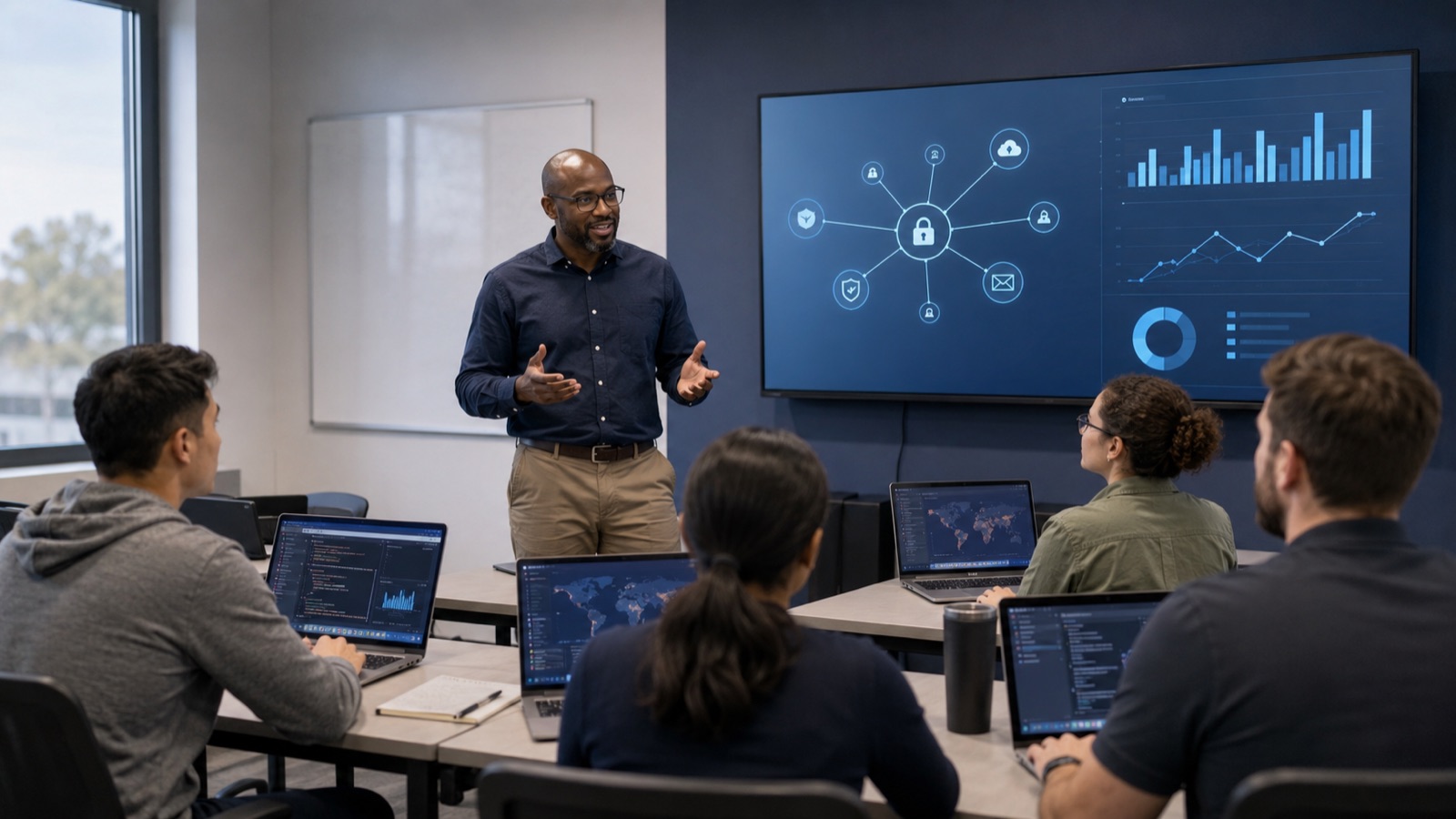 Cybersecurity instructor leading an adult technical training session with students using laptops